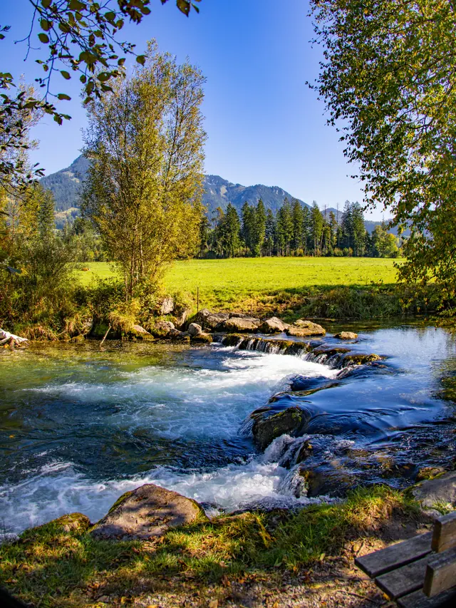 Wildbach mit Steinen fließt durch grüne Wiese vor Bergkulisse