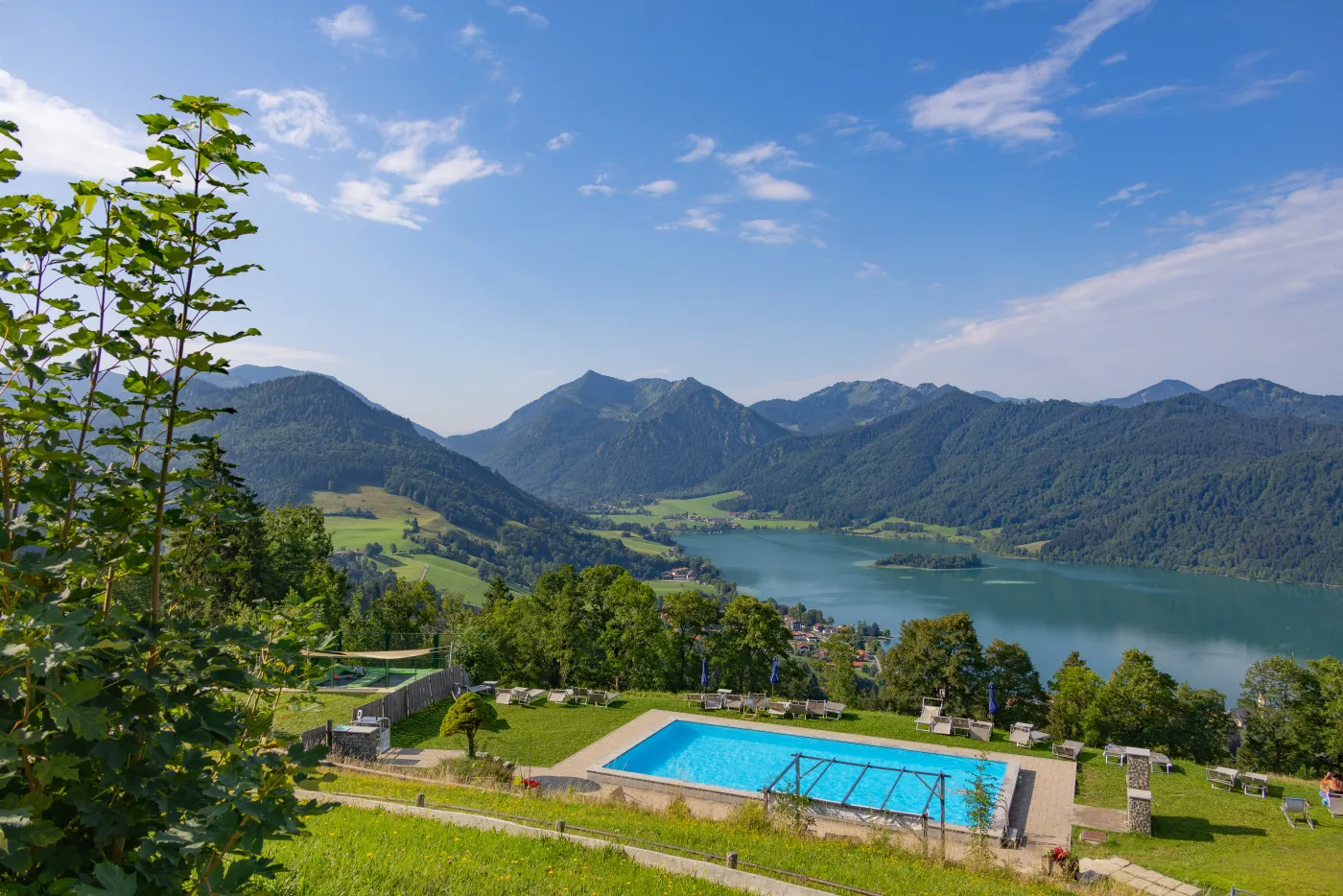 Heated outdoor pool overlooking Lake Schliersee